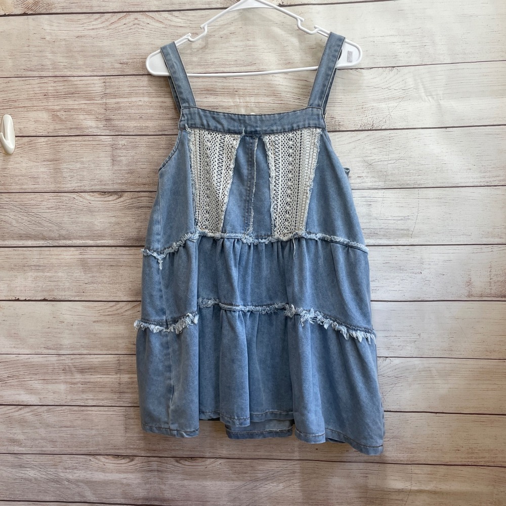 POL DENIM AND CROCHET LACE SUSPENDER MINI DRESS - Picture 7 of 8